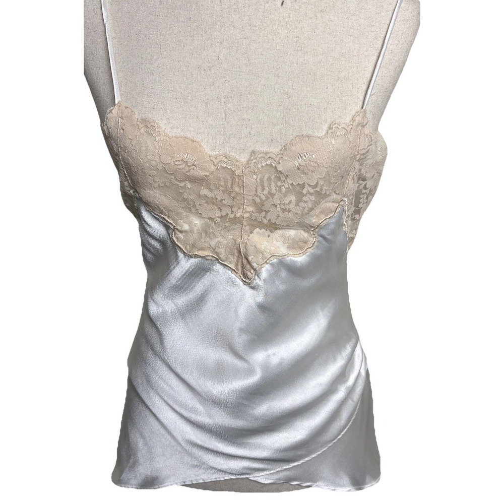 Satin Lace Cami Top Womens Medium Cream Y2K Fairy Coquette Sheer Asymetric